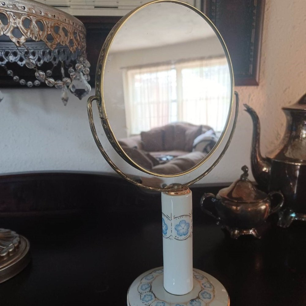 Unusual MCM Vintage StandingTable Mirror, Two Sided, Blue Flowers, Gold Trim